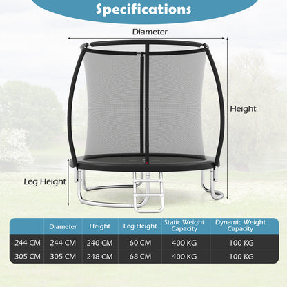 Size diagram for the outdoor trampoline showing dimensions and weight capacities