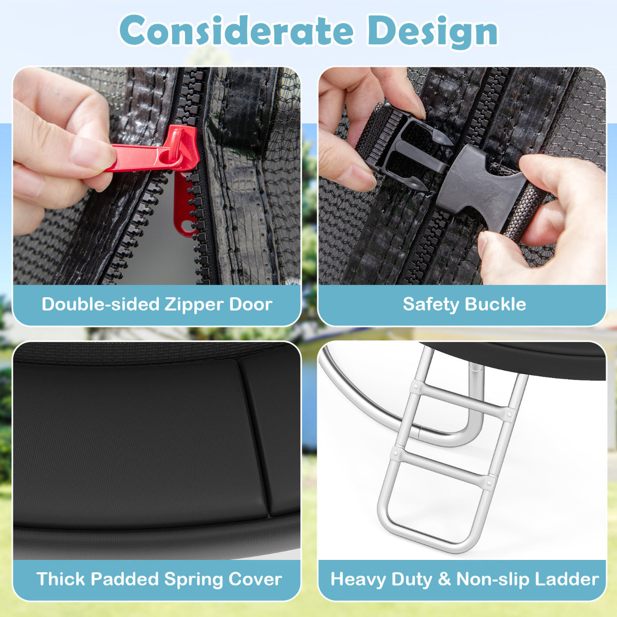 Close up of the trampoline's padded spring cover, zipper door and safety buckle