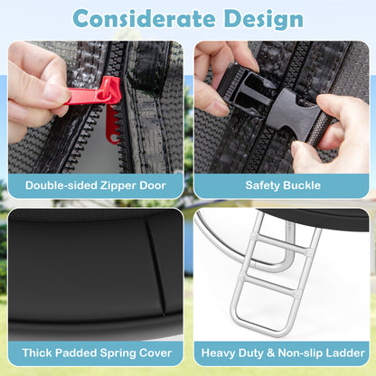 Close up of the trampoline's padded spring cover, zipper door and safety buckle