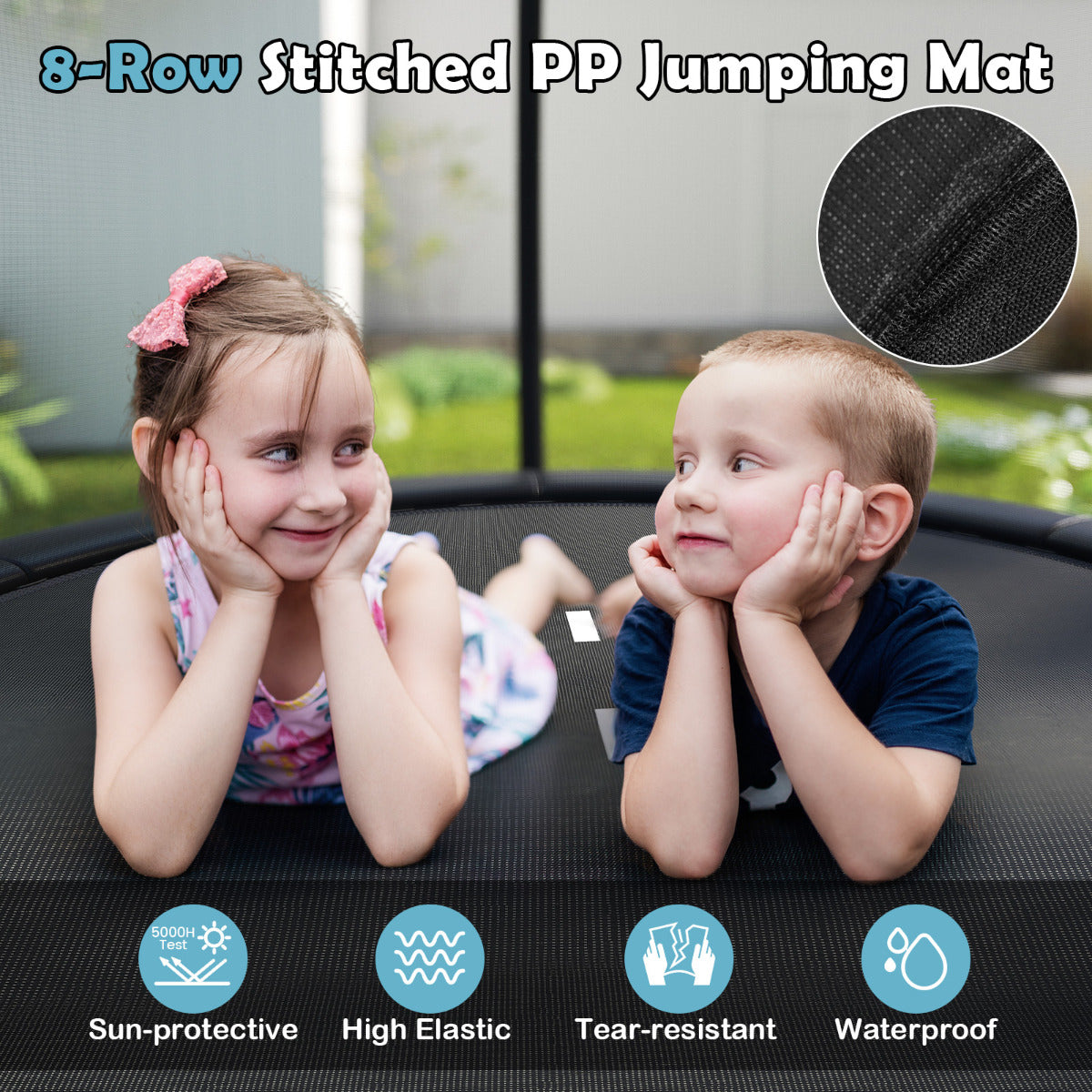 Two children lying on the trampoline mat, with text about its features