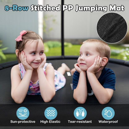 Two children lying on the trampoline mat, with text about its features