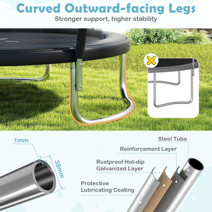 Close up of the trampoline legs and protective layers, with text about its construction