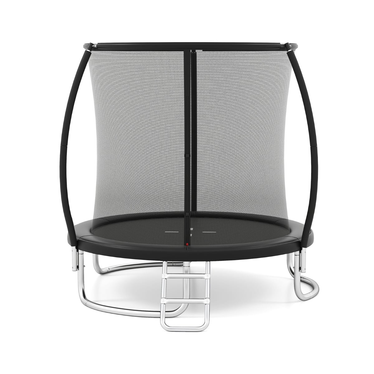 244 cm Trampoline with Safety Enclosure Net and Ladder, a black round trampoline with a silver ladder and safety net