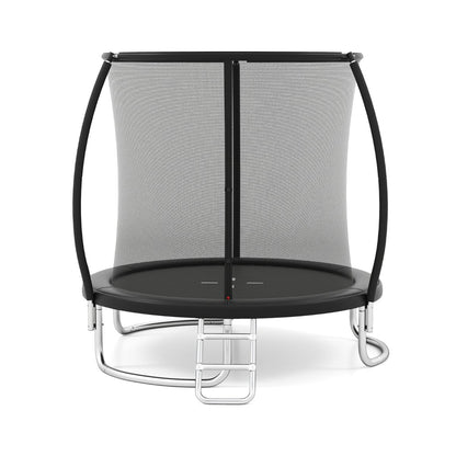 244 cm Trampoline with Safety Enclosure Net and Ladder, a black round trampoline with a silver ladder and safety net