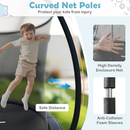 Close up of the trampoline safety net and padded poles with text about protection