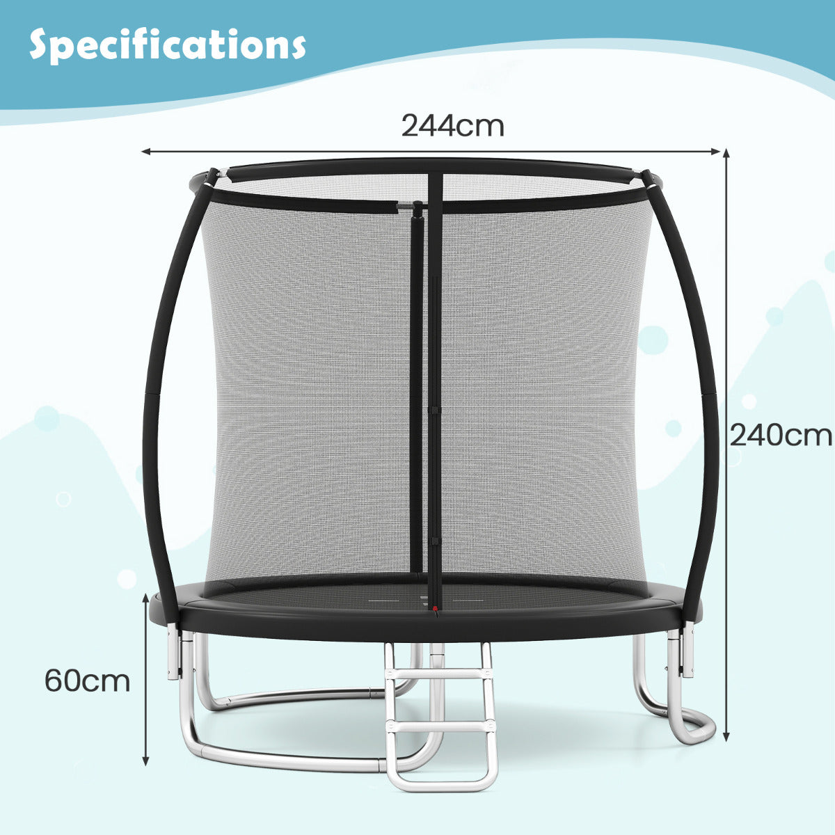 Diagram showing the dimensions of the trampoline with measurements