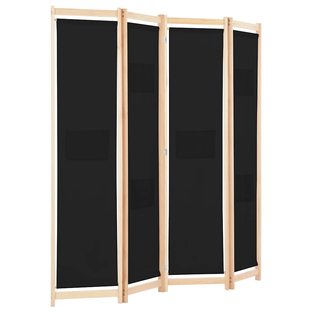 The black four-panel room divider angled slightly to show its depth