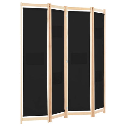 The black four-panel room divider angled slightly to show its depth