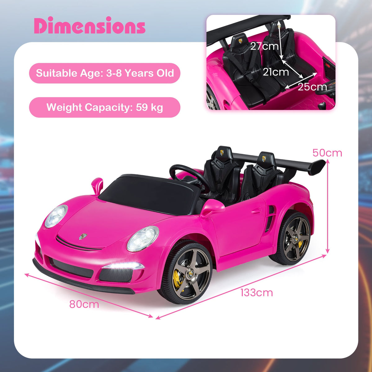 Dimensions diagram for the pink kids electric car showing measurements