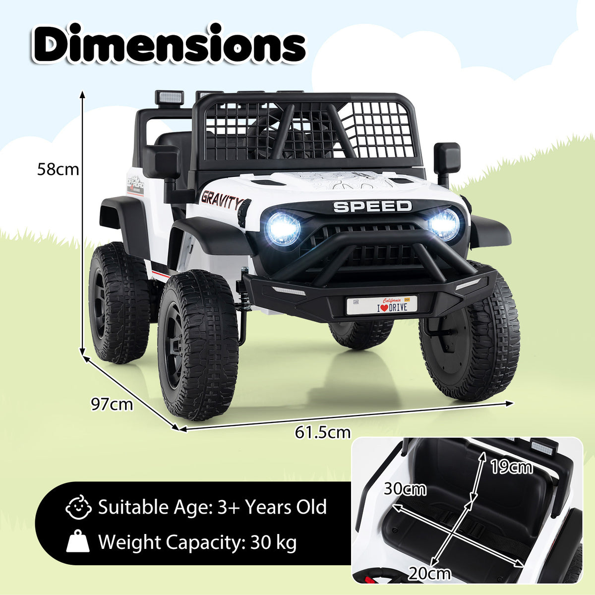 24V Battery Powered Ride On Car, the kids electric car showing height and width measurements with a seat detail inset