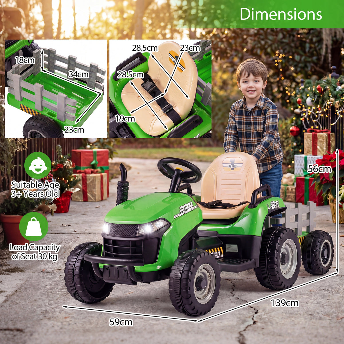 Dimensions diagram for the green ride on tractor with trailer