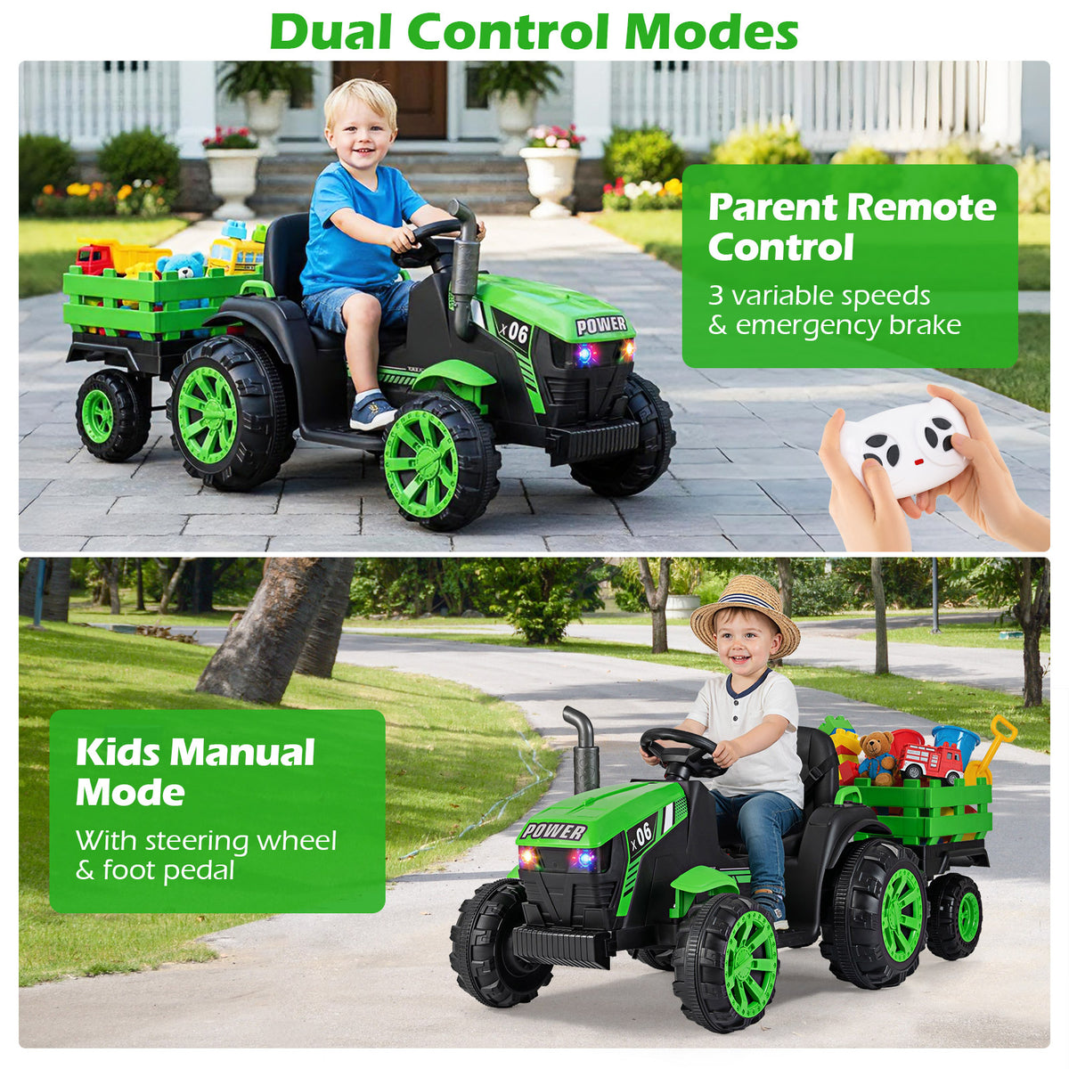 The kids electric car showing parent remote control and manual driving modes with a child