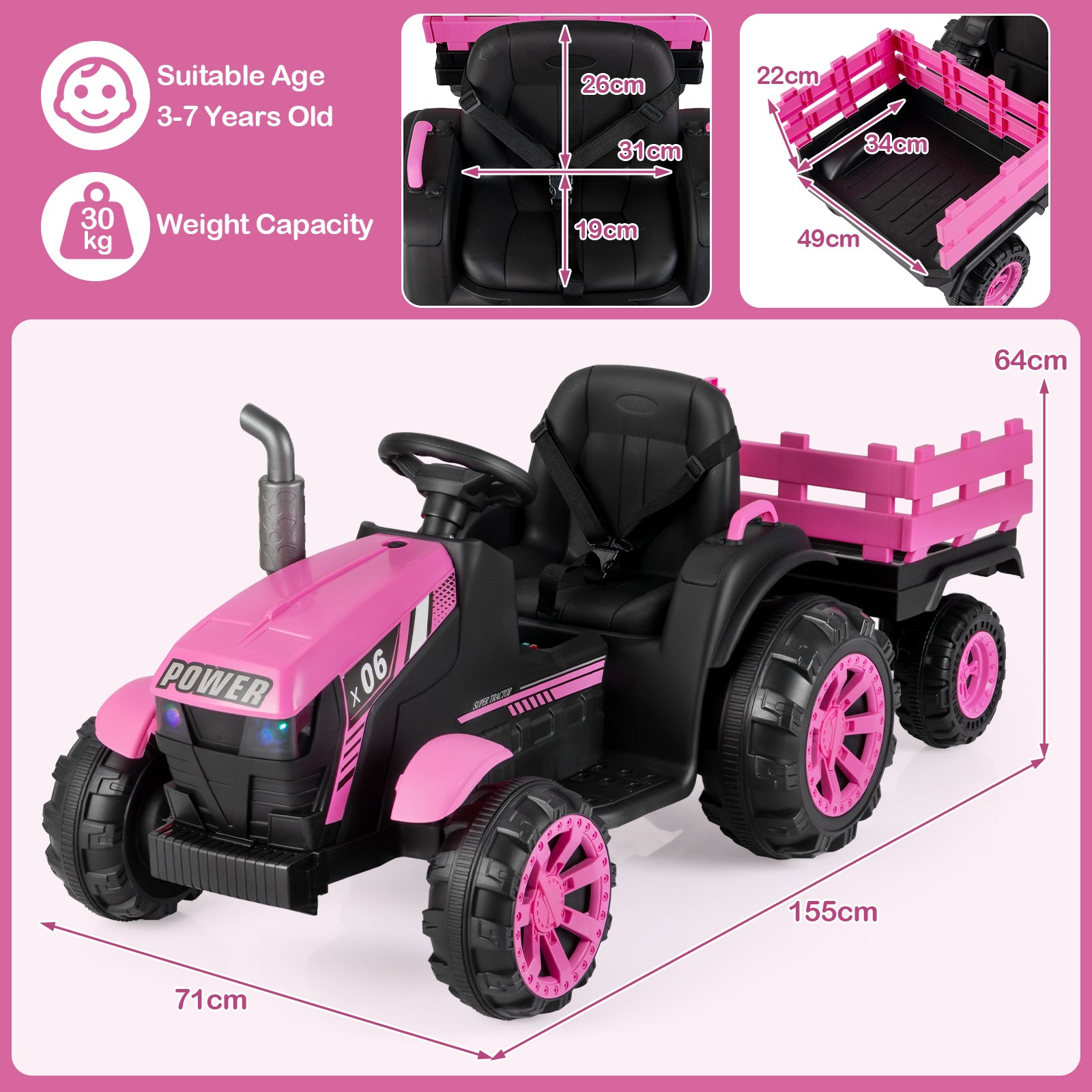 24V Ride On Tractor with RGB LED Headlights and Parent Remote Control-Pink
