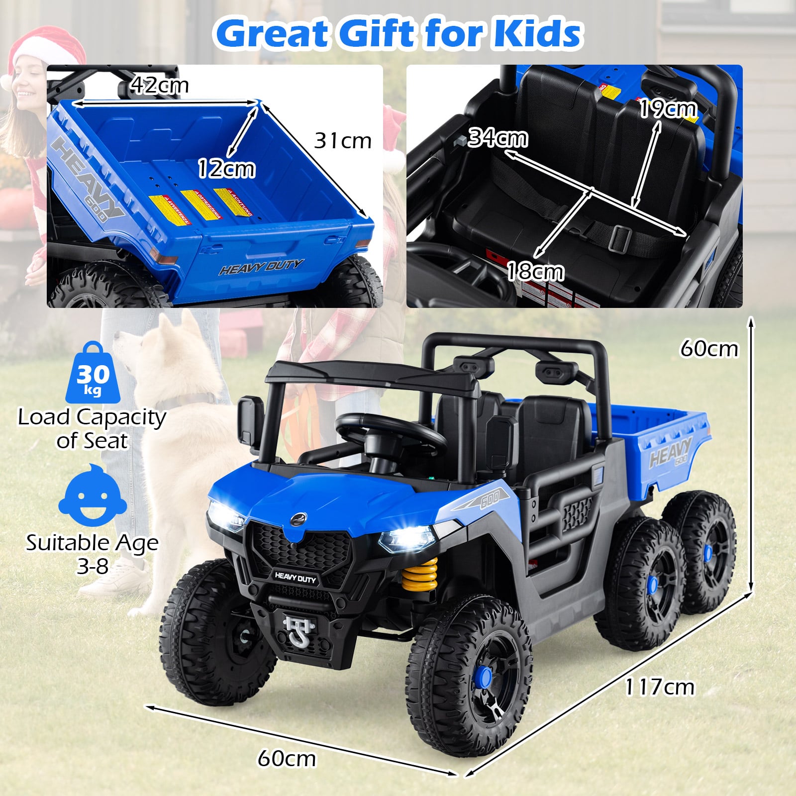 24V Ride on Dump Truck with Electric Dump Bed 4WD with Remote and Music-Blue