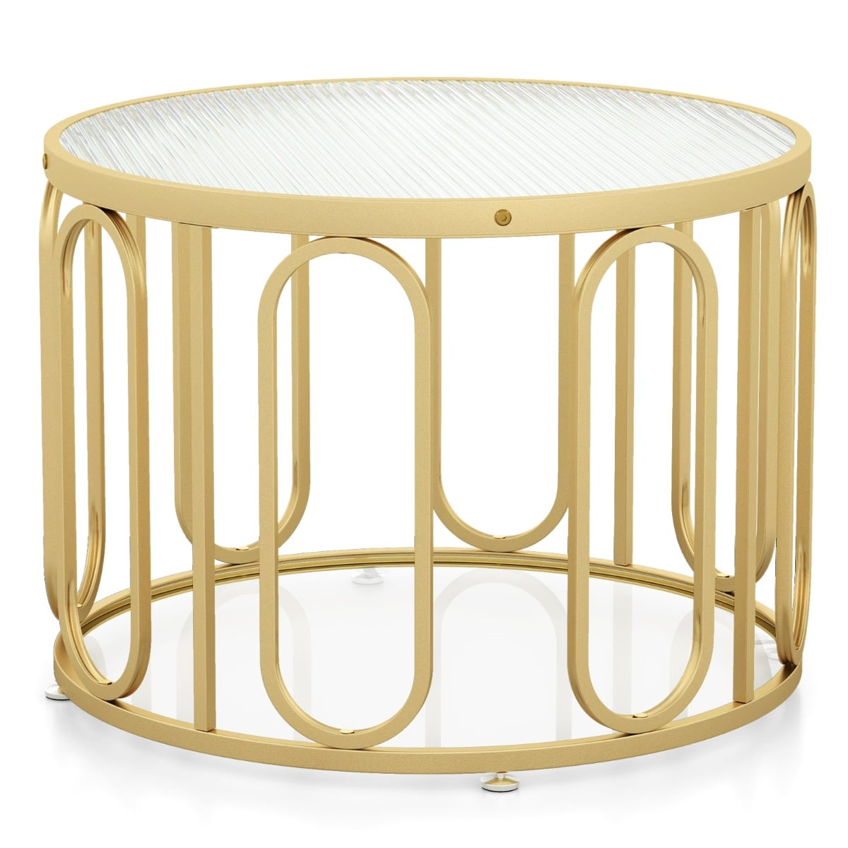 24 Inch Round Coffee Table with Reeded Tempered Glass Top-Golden