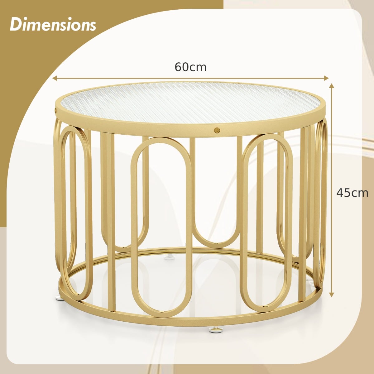 24 Inch Round Coffee Table with Reeded Tempered Glass Top-Golden