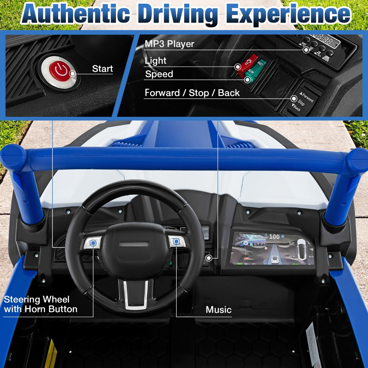 The kids electric car dashboard showing the steering wheel and music control buttons