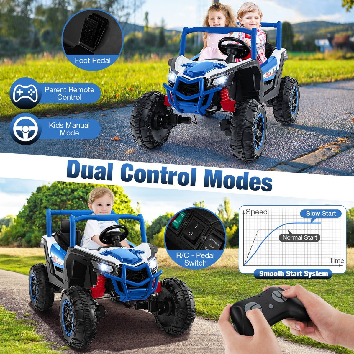The kids electric car showing dual control modes with a remote and pedal operation