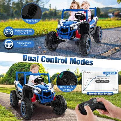 The kids electric car showing dual control modes with a remote and pedal operation