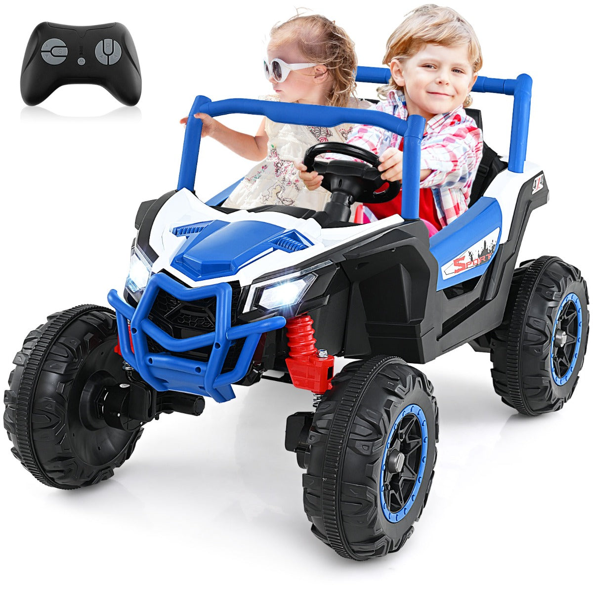 24V 2-Seater Ride On UTV with a remote control and two children sitting inside the vehicle