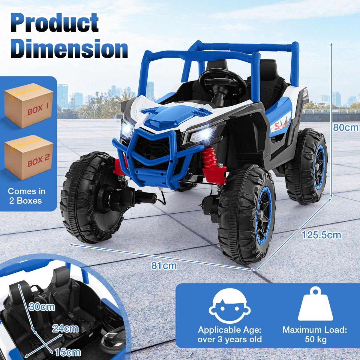 24V 2-Seater Ride On UTV, the kids electric car shown with dimension lines and labels for age and weight capacity