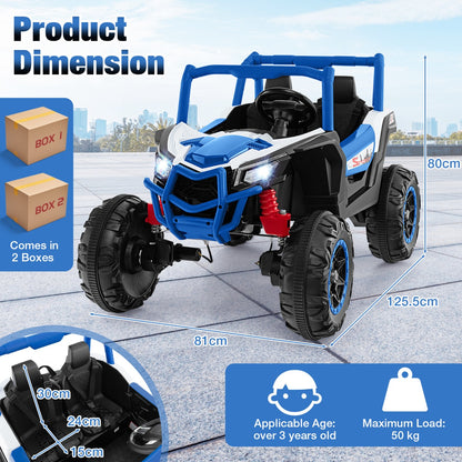 24V 2-Seater Ride On UTV, the kids electric car shown with dimension lines and labels for age and weight capacity