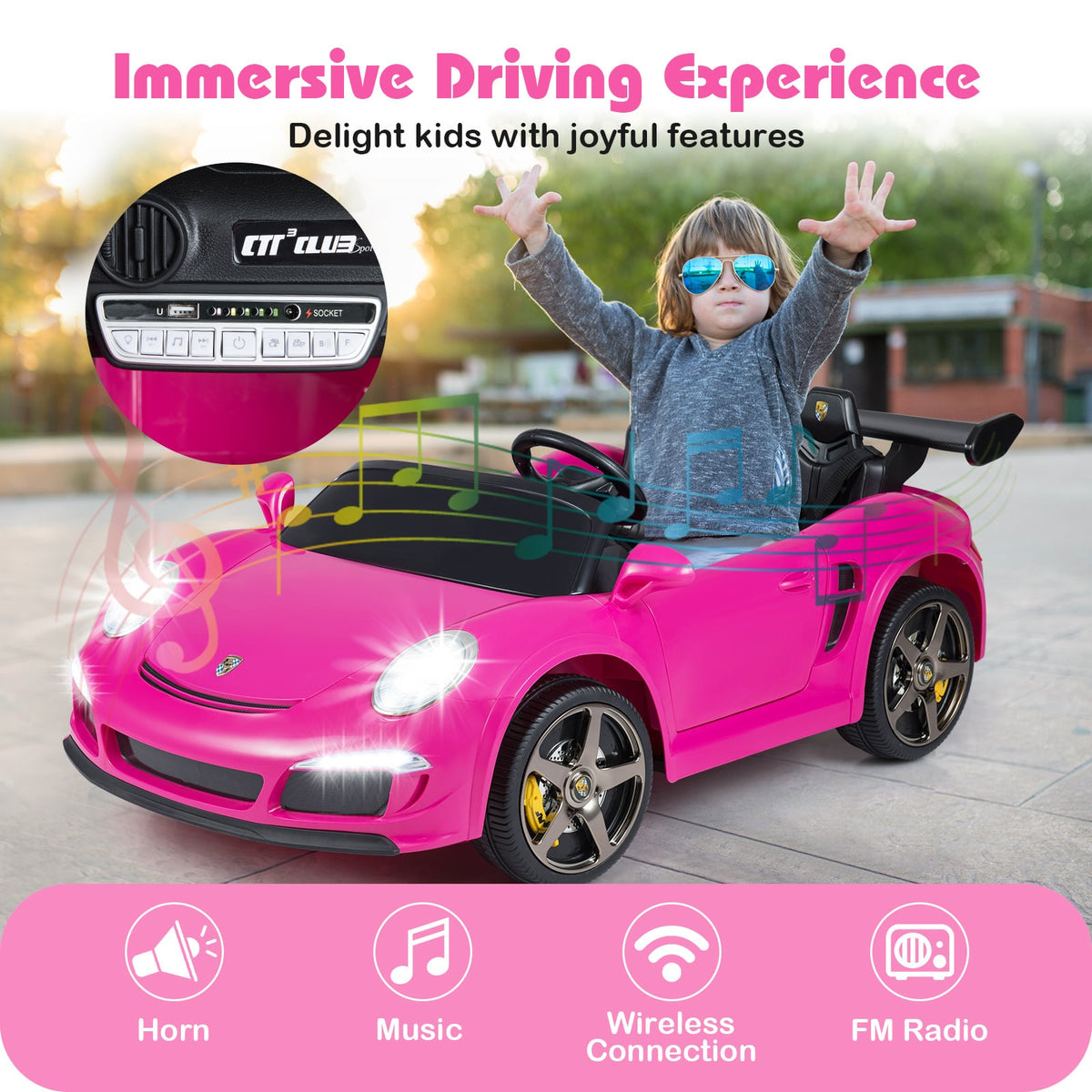 A boy enjoys the immersive driving experience of the pink kids electric car