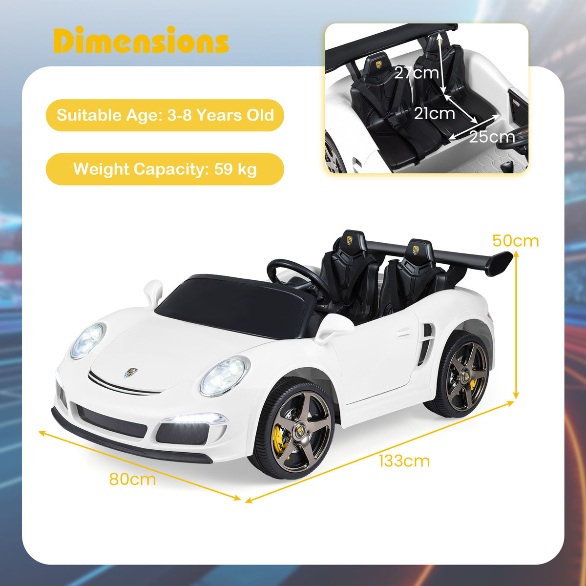 Dimensions diagram showing the white kids electric car with measurements