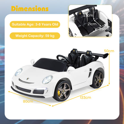 Dimensions diagram showing the white kids electric car with measurements