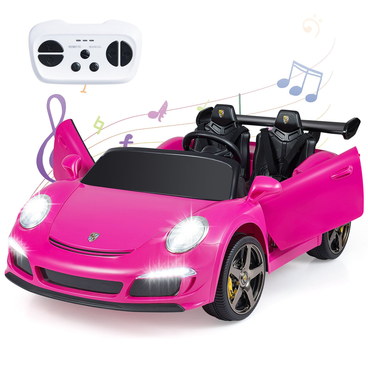 24V Battery Powered Electric Vehicle in pink with doors open and headlights on