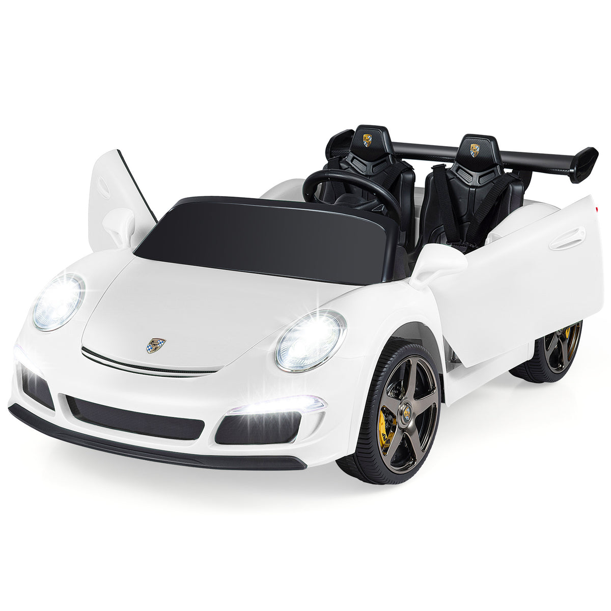24V Battery Powered Electric Vehicle in white with doors open and headlights on