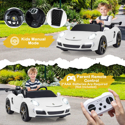 The white kids electric car shown in manual and remote control modes