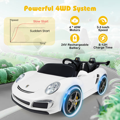 The white kids electric car with glowing blue wheel lights and performance graph