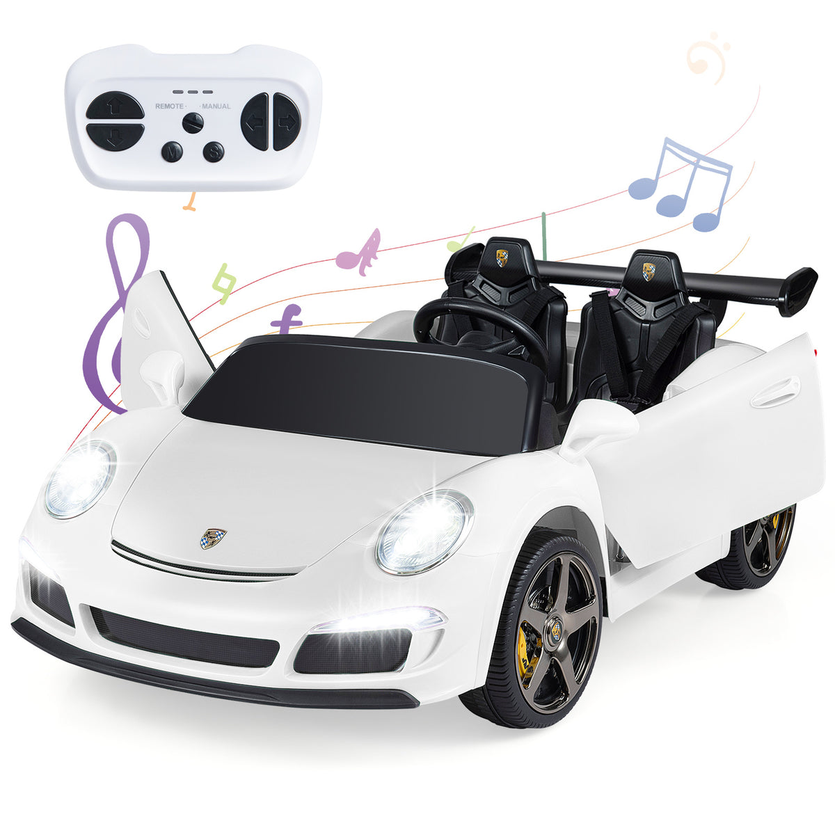 The white kids electric car with doors open and a parent remote control nearby