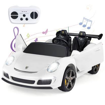 The white kids electric car with doors open and a parent remote control nearby