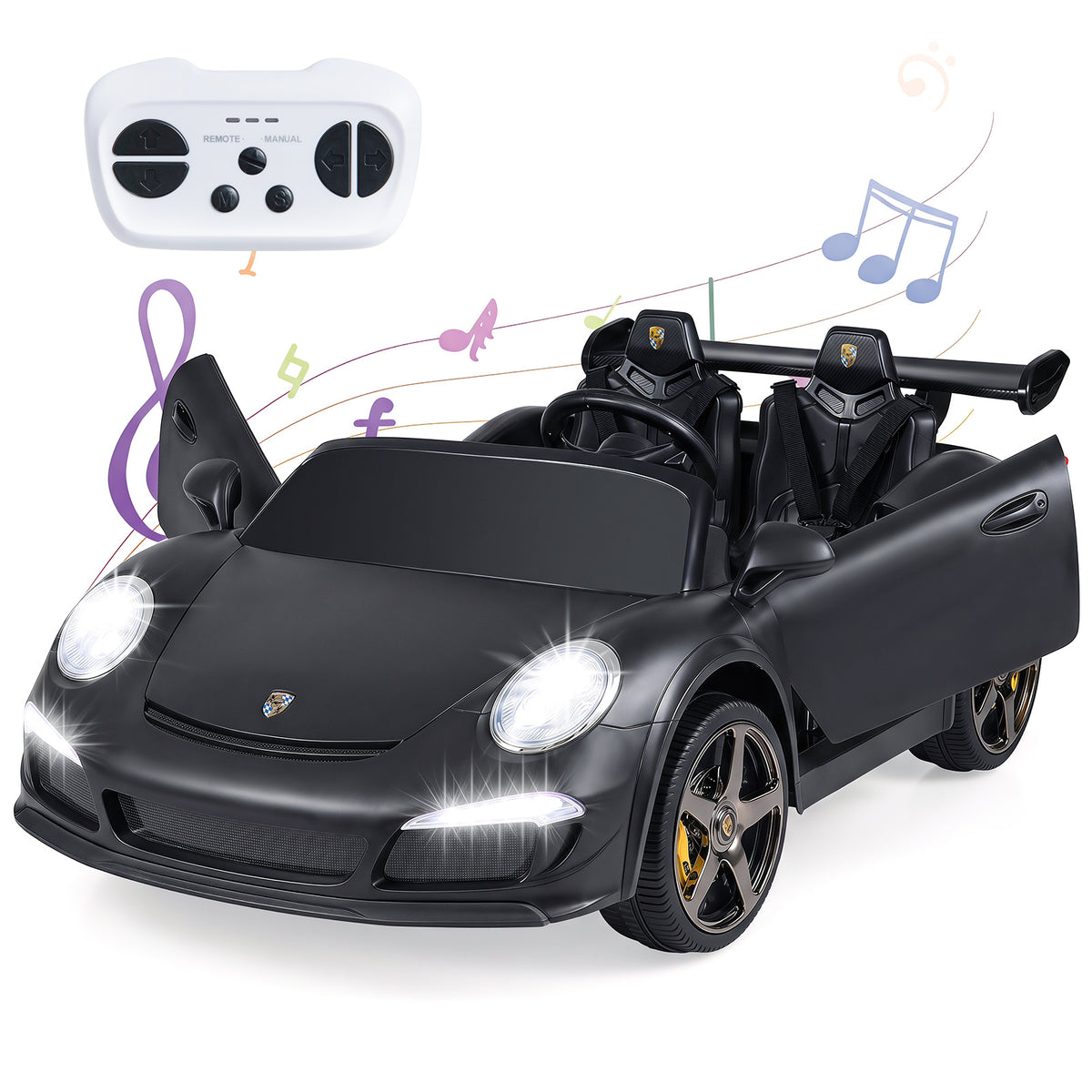 The kids electric car with a white remote control and musical notes graphic