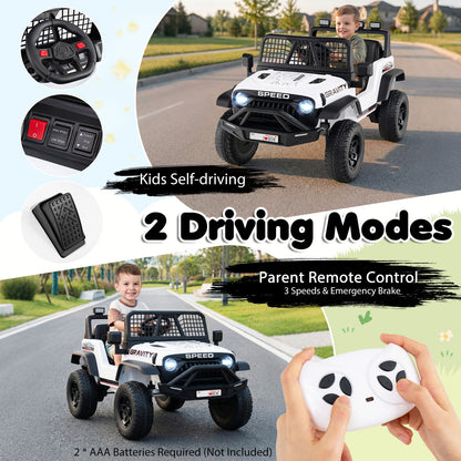 The kids electric car demonstrating two driving modes with remote control and pedal details