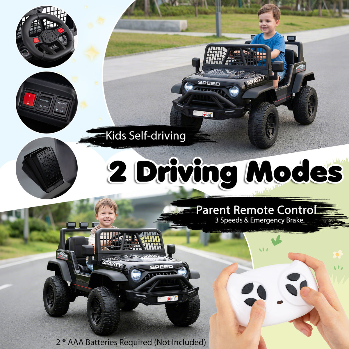 Kids electric car showing two driving modes and parent remote control
