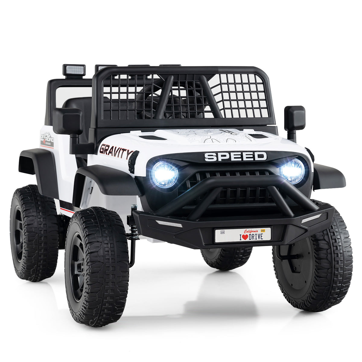 24V Battery Powered Ride On Car, the kids electric car with bright front headlights illuminated against a white background