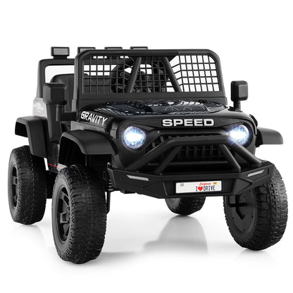 24V Battery Powered Ride On Car, front view of the black kids electric car with headlights on