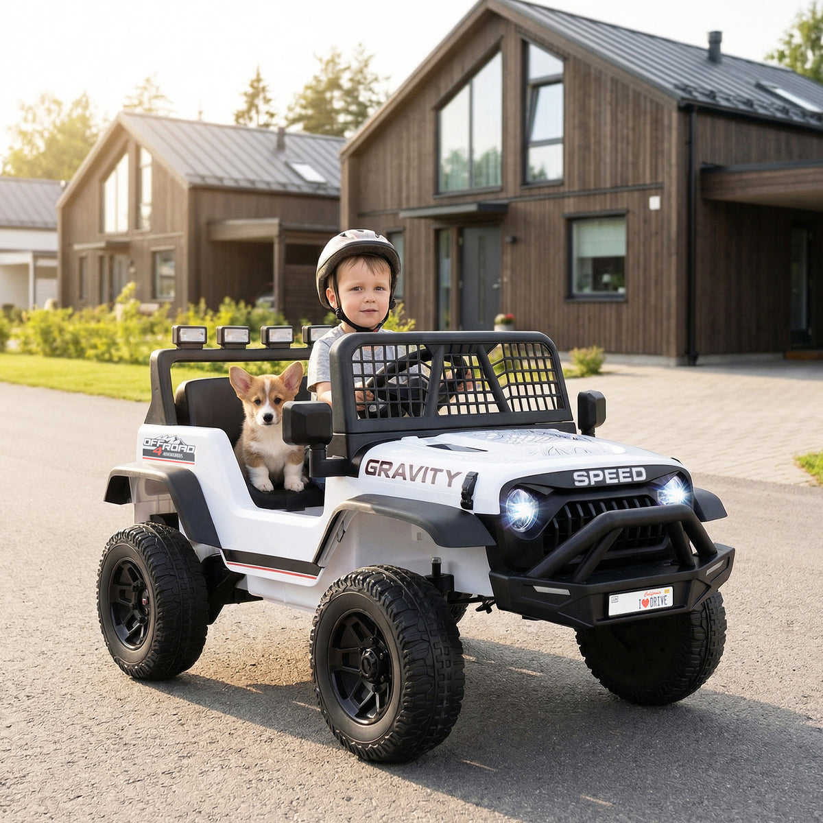24V Battery Powered Ride On Car, the kids electric car parked on a driveway with a child and a small dog inside