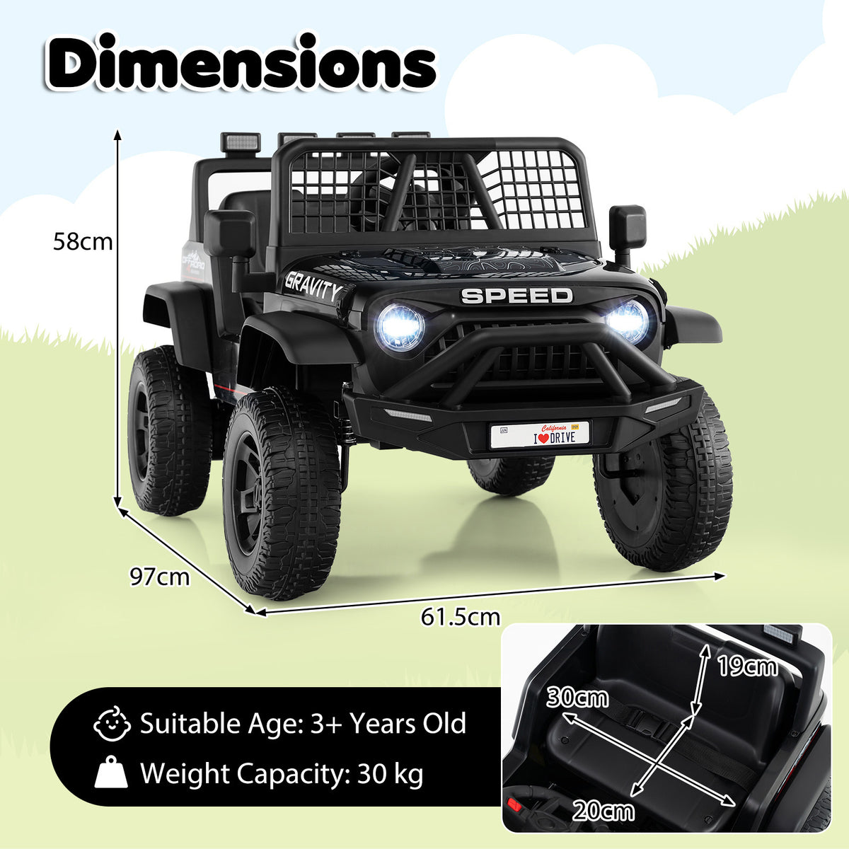24V Battery Powered Ride On Car, dimensions diagram for the black kids electric car