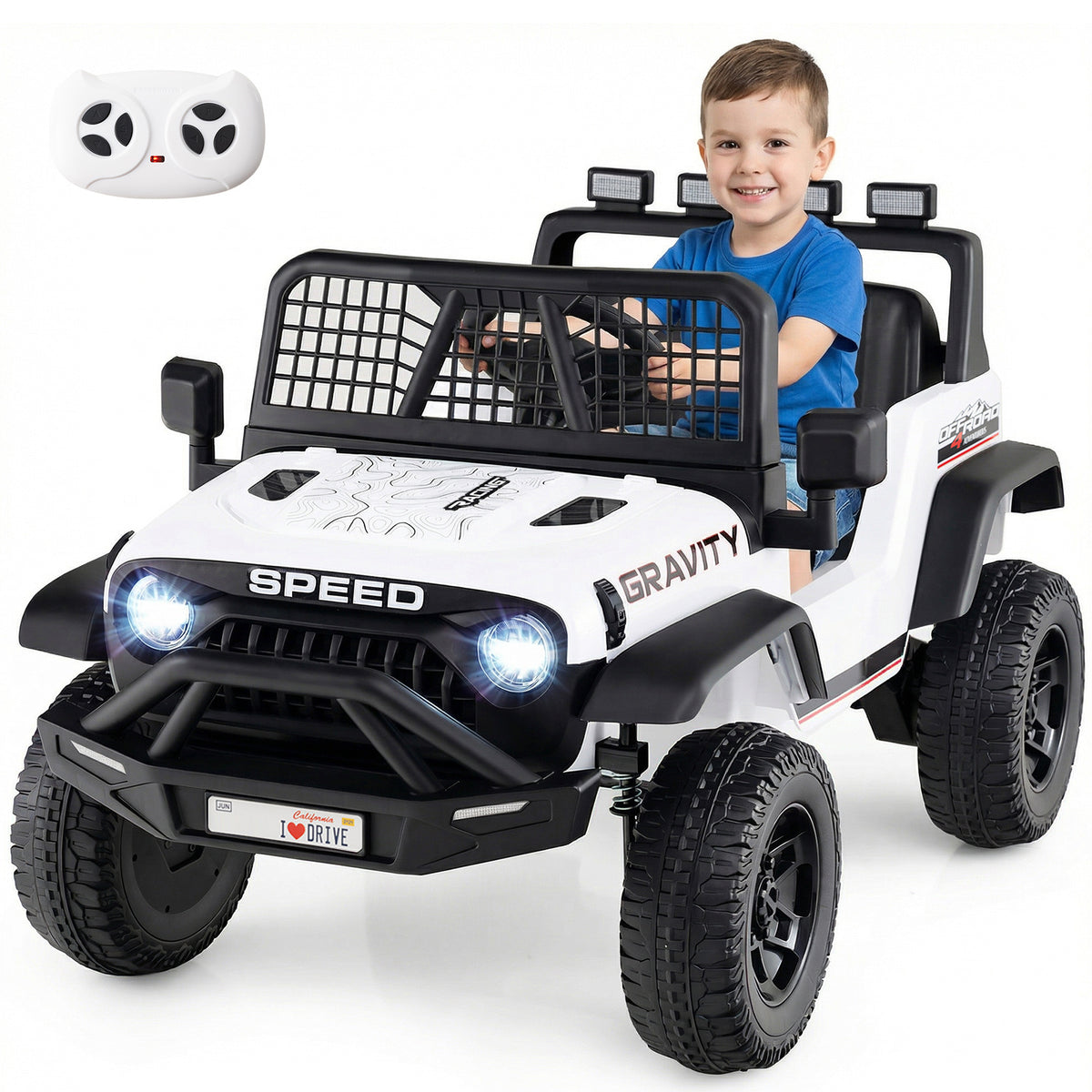 24V Battery Powered Ride On Car with a child sitting inside and a remote control above