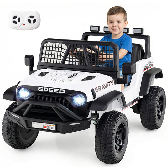 24V Battery Powered Ride On Car with a child sitting inside and a remote control above