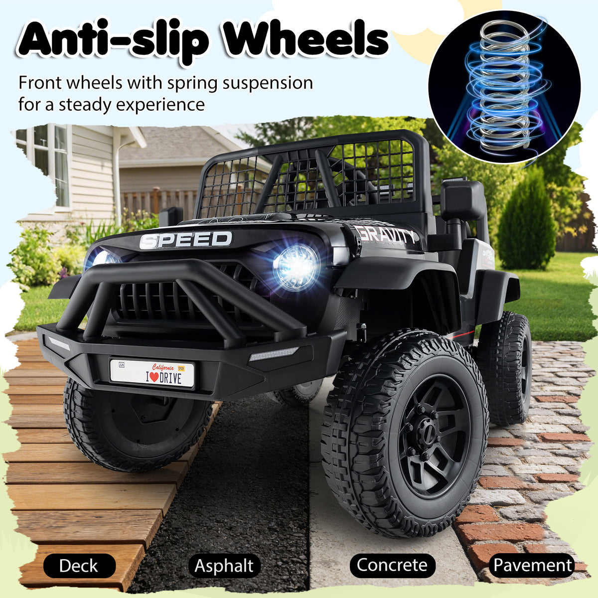 24V Battery Powered Ride On Car, close up of the anti-slip wheels on the kids electric car