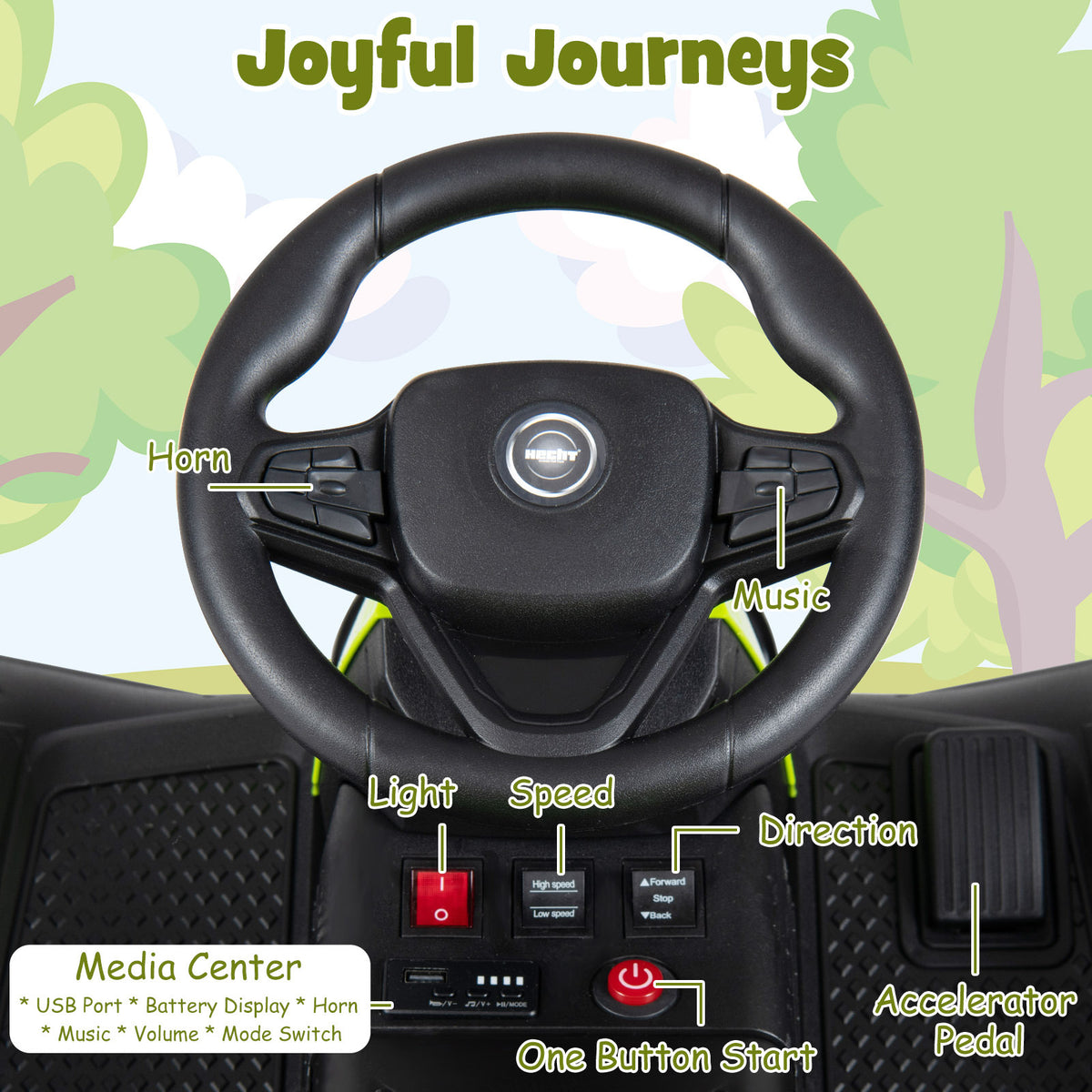Close up of the steering wheel and dashboard controls of the electric tractor
