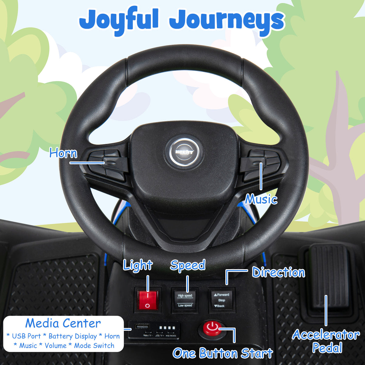 Close up of the steering wheel and dashboard controls of the kids electric tractor