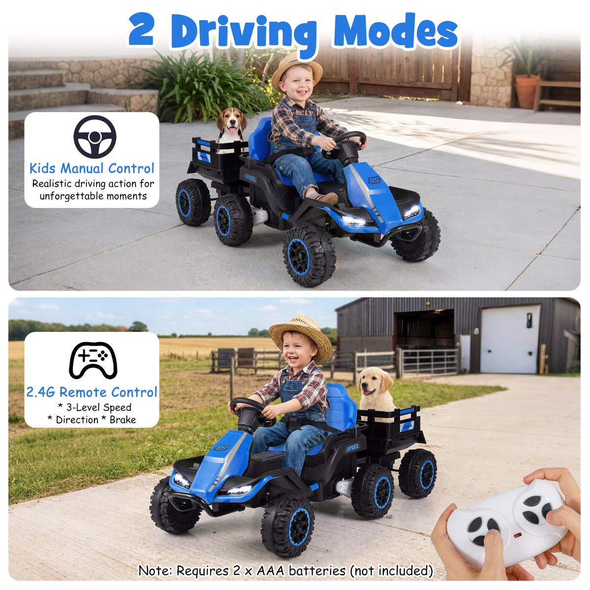Two driving modes for the kids electric tractor, manual and remote control
