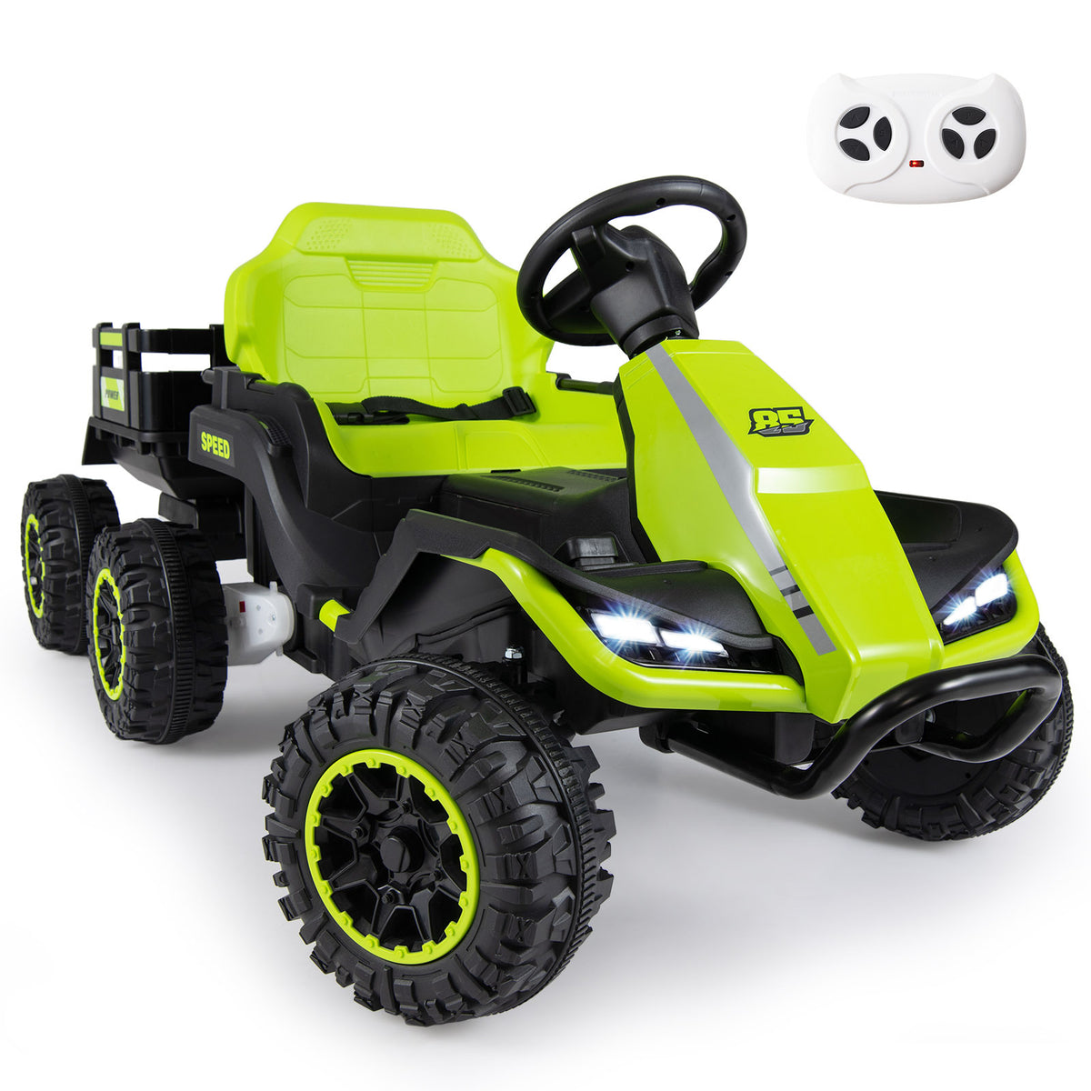 The green kids electric tractor with its detachable trailer