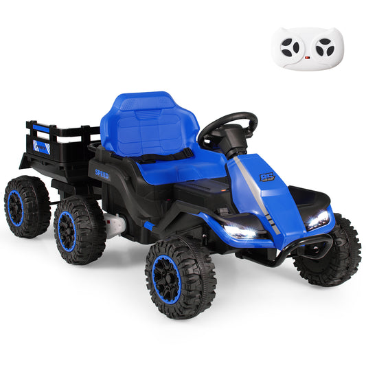 24V Kids Electric Vehicle with detachable trailer in navy blue, shown from the front